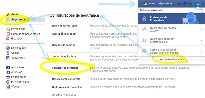 Adicionar contatos de confiança no Facebook