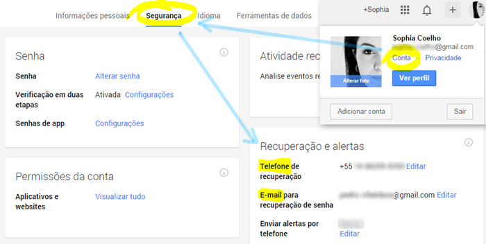 Adicionar telefone e email de recuperação no Gmail